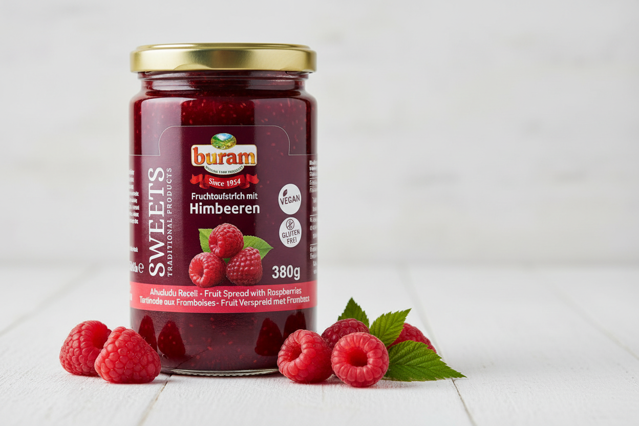 Buram aviečių uogienė, stiklainis 380g Buram aveņu ievārījums tuvplāns ar svaigām avenēm