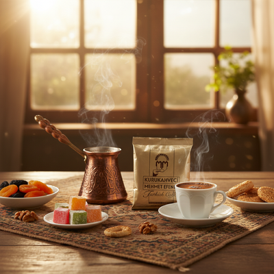 Kurukahveci Mehmet Efendi turkiška kava 100g Kurukahveci Mehmet Efendi turku kafija 100g rīta kafijas brīdis ar tradicionālajām saldumiņām