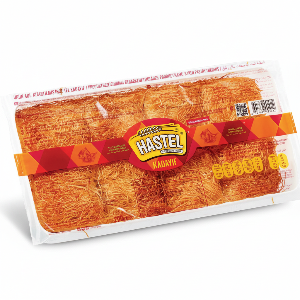 Hastel röstitud kataifi Dubai šokolaadile (kadayif) 200g Hastel grauzdēts kataifi Dubaijas šokolādei 200g, profesionāla produkta fotogrāfija baltā fonā