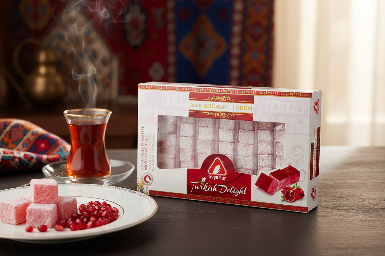 Лукумс Авшарлар со вкусом граната 350г Avşarlar granātābolu lukums servēts ar turku tēju tradicionālā vidē, premium turku saldumiņi ar granātābola sēklām