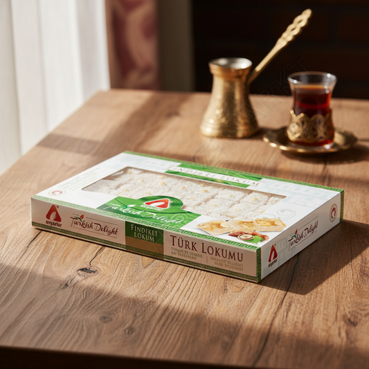 Avşarlar turku lukums ar lazdu riekstiem 350g uz dabīga koka galda ar turku kafijas tasi fonā