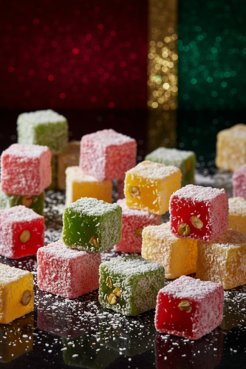 Avşarlar karışık egzotik Türk lokumu 500g Krāsaini turku lukumi profesionālā studijas apgaismojumā, dažādu garšu eksotiskie saldumiņi ar cukura pūderi un kokosriekstu skaidiņām