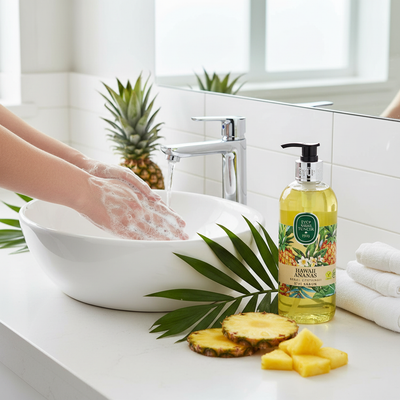 Eyup Sabri Tuncer Dabīgās olīveļļas šķidrās roku ziepes Havajas ananāss 500 ml Eyup Sabri Tuncer šķidrās roku ziepes lietošanā vannasistabā