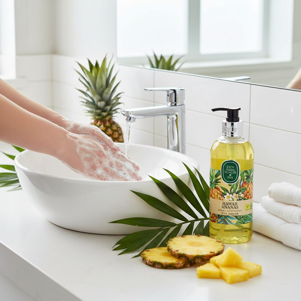 Eyup Sabri Tuncer šķidrās roku ziepes lietošanā vannasistabā