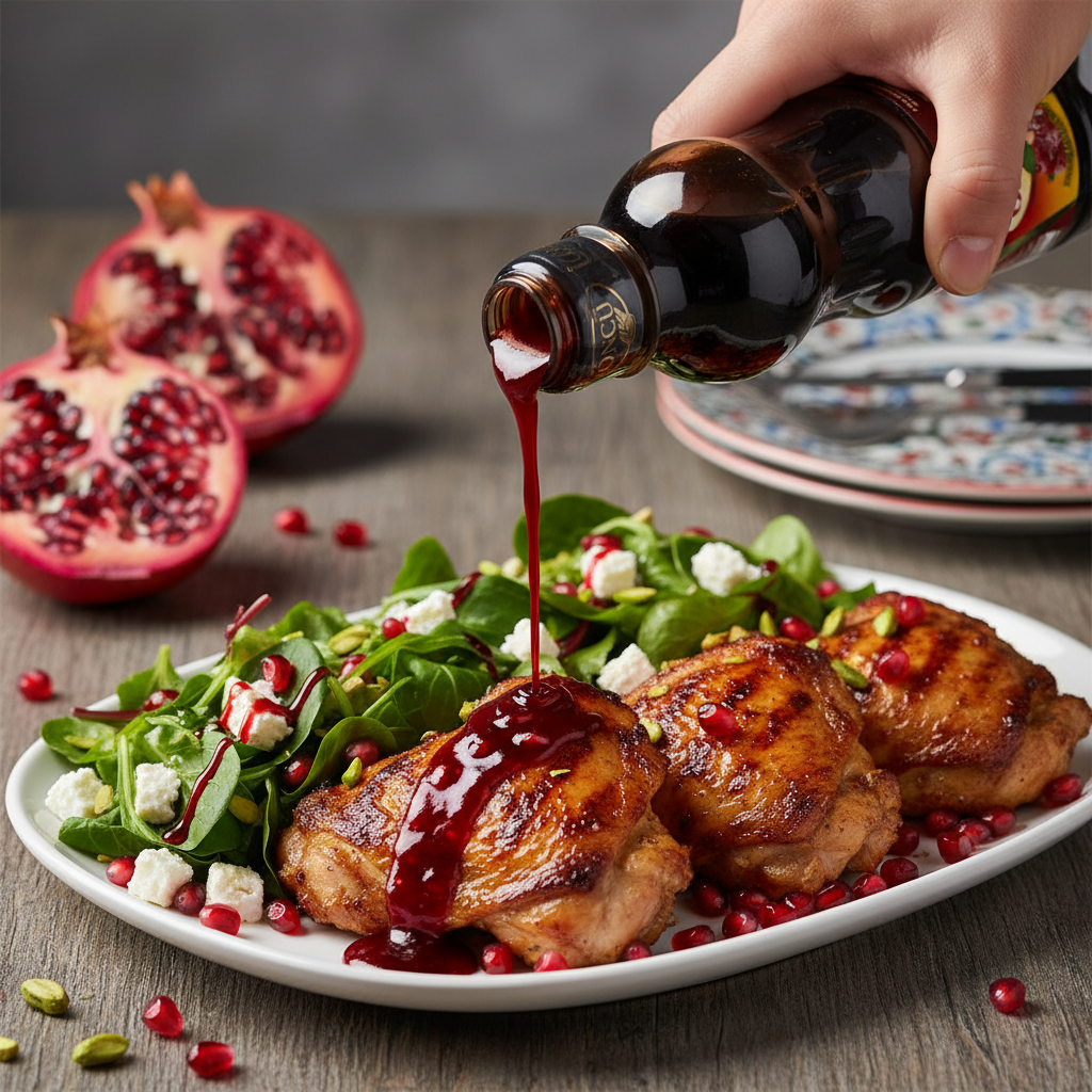 Öncü granātābolu mērce/sīrups 330g Öncü granātābolu mērce gatavošanai tuvplāns, mērce uz ēdiena ar svaigiem granātābolu sēklām