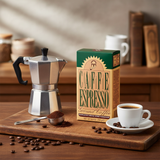 Turku espresso kafija MEHMET EFENDI 250g rustikā virtuvē ar moka kanna un kafijas piederumiem