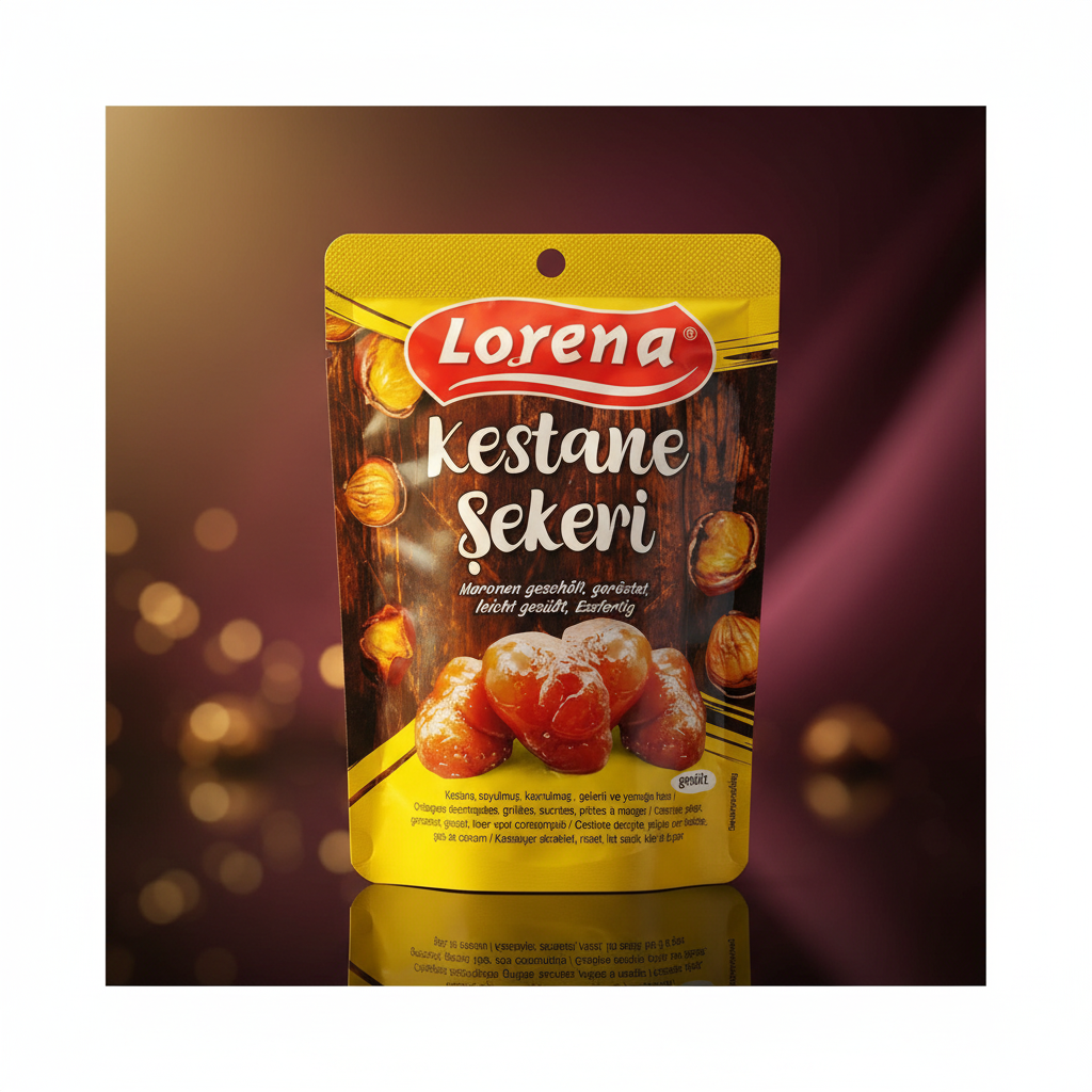 Каштаны в сахаре, Lorena 125г Lorena cukurots kastanis 125g luksusa studijas apgaismojumā ar zelta un burgundijas toņiem