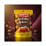 Lorena cukurots kastanis 125g luksusa studijas apgaismojumā ar zelta un burgundijas toņiem