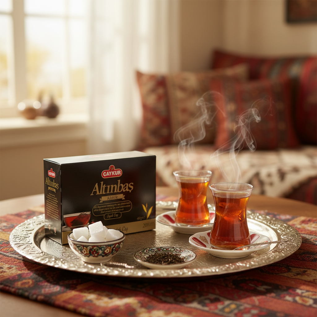 Caykur Altinbas melnā tēja tradicionālā turku vidē ar turku tējas glāzēm, cukura gabaliņiem un tējas piederumiem