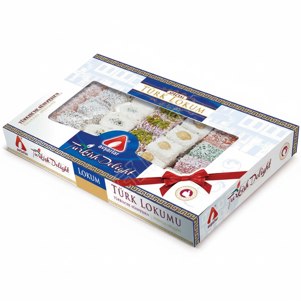 Avşarlar īpašā turku lukuma izlase 350g, premium turku saldumiņu kolekcija, profesionāla produkta fotogrāfija baltā fonā