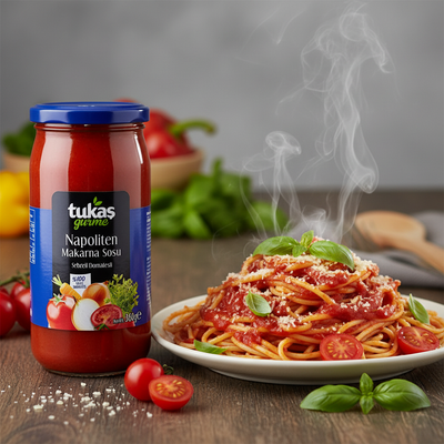Tukas, Makaronu mērce „Napoliten“, 360g Tukas Napoliten makaronu mērce ar svaigu pastu, baziliku un tomātiem, gatavs ēdiens no 100% turku tomātiem