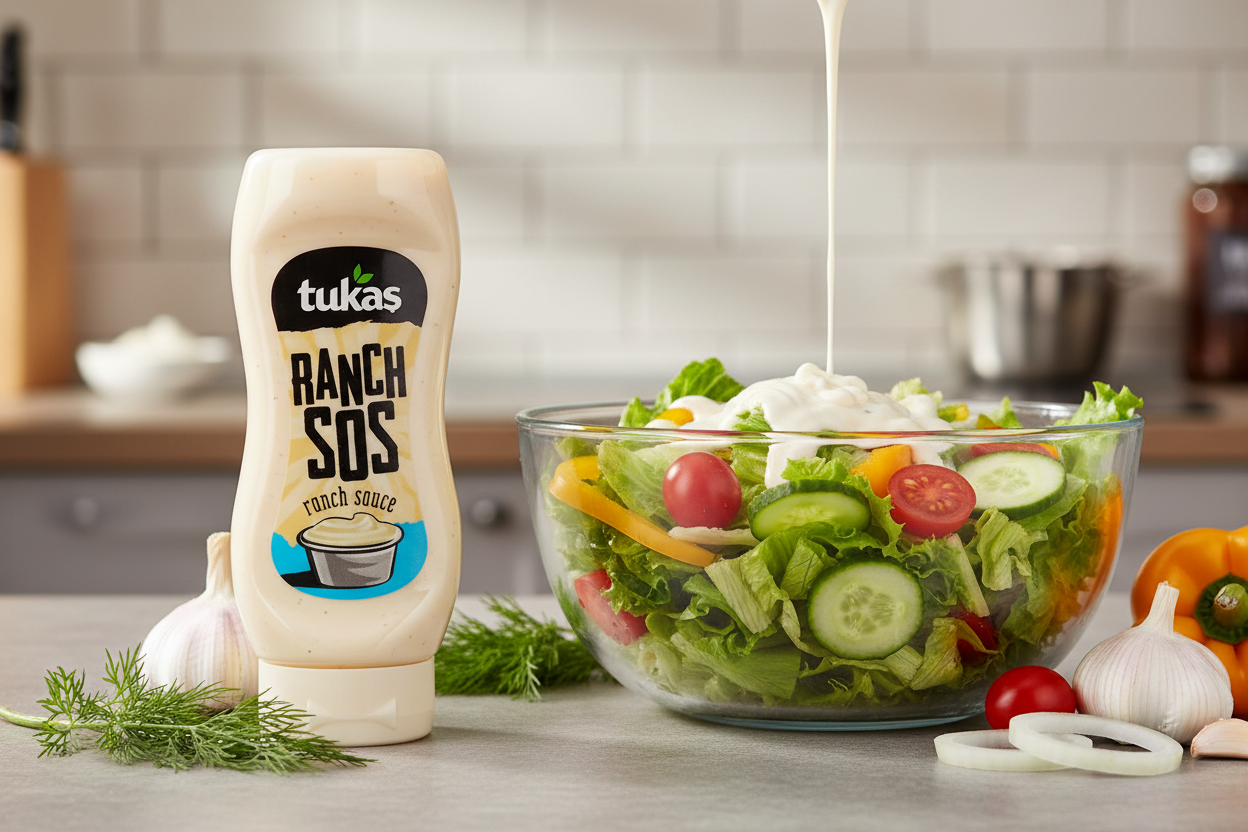 Tukas Ranč mērce lietošanā ar svaigu zaļo salātu un dārzeņiem