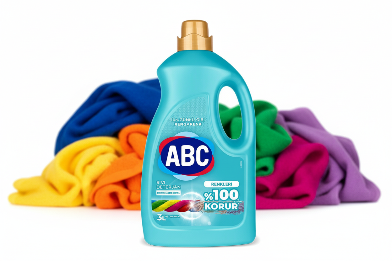 ABC, krāsainu audumu veļas mazgāšanas līdzeklis, 3l, 50 mazgāšanas reizēm ABC 3L veļas mazgāšanas līdzeklis tuvplāns ar krāsainiem audumiem