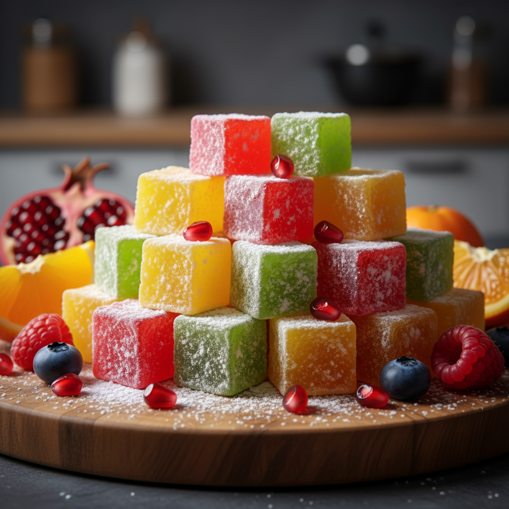 Avşarlar dažādu augļu turku lukums 350g Avšarlar dažādu augļu turku lukums, krāsaini gabaliņi ar cukurpuderi un svaigiem augļiem, tuvplāns