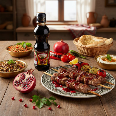 Öncü granātābolu mērce turku virtuvē ar grilu gaļu, svaigiem granātāboliem un dārzeņiem, tradicionāla gatavošana
