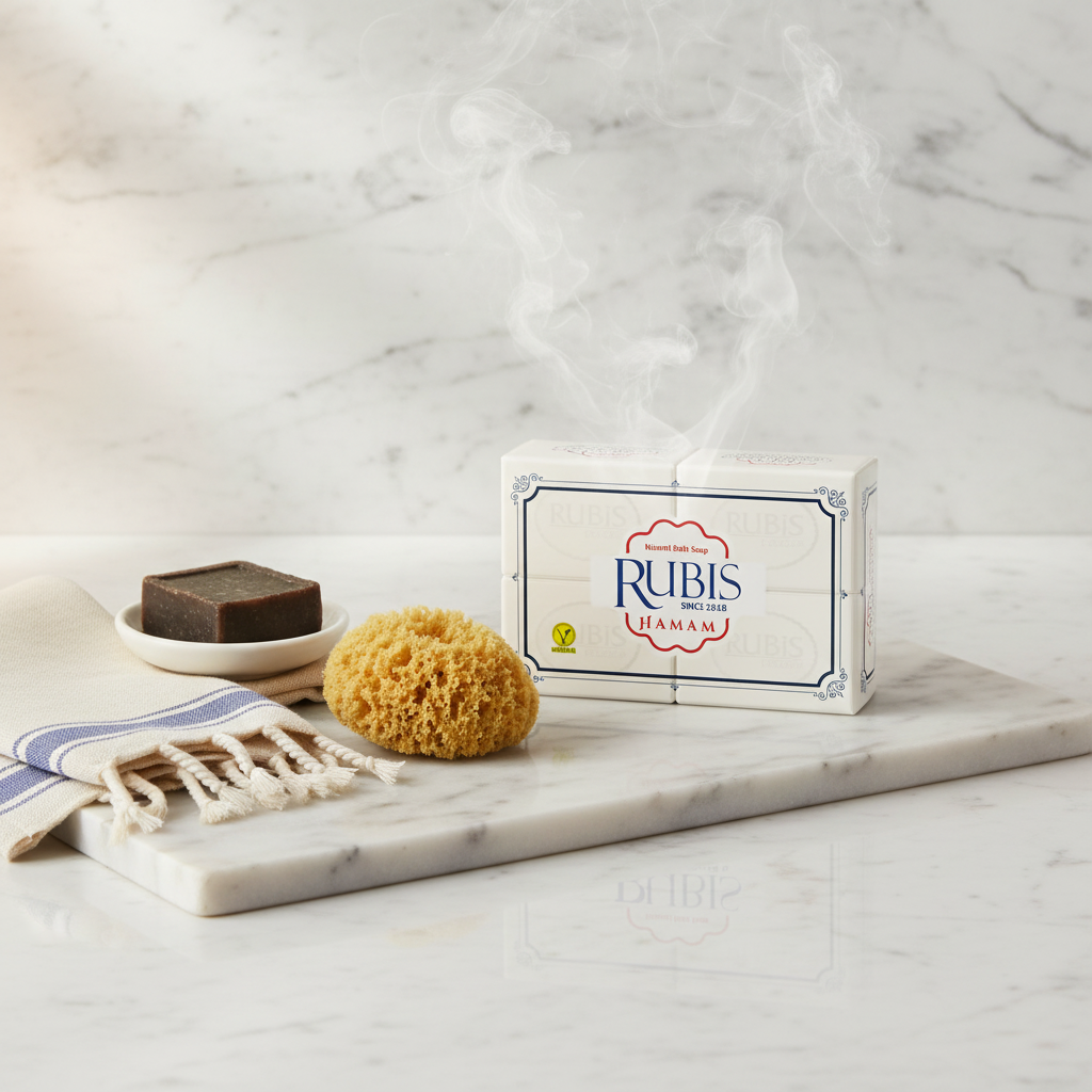 Dabīgās Turku pirts hamam ziepes,  RUBIS HAMAM, 150 g x 4 gab. RUBIS HAMAM ziepes 150g x 4 uz baltā marmora ar tradicionāliem turku elementiem