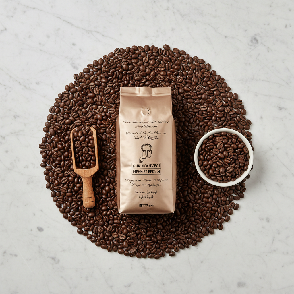 Kafijas pupiņas KURUKAHVECI MEHMET EFENDI 500g elegantā flat lay kompozīcijā ar 100% Arabica pupiņām