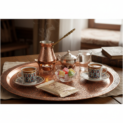 Kurukahveci Mehmet Efendi turkiška kava 100g Kurukahveci Mehmet Efendi turku kafija 100g tradicionālā kafijas ceremonija ar cezve un lukumu