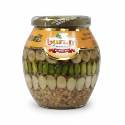 Buram saldais riekstu mix 420g Buram saldais riekstu mix 420g, premium saldie rieksti, profesionāla produkta fotogrāfija baltā fonā
