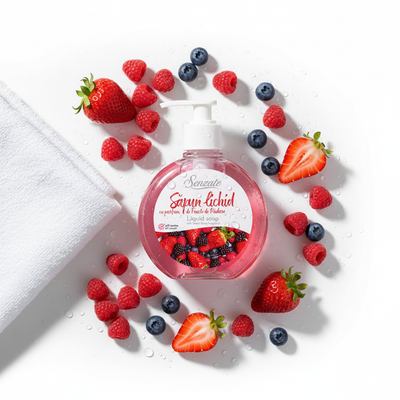 Šķidrās ziepes ar saldo ogu aromātu, SENZATE, 500ml SENZATE šķidrās ziepes ar saldo ogu aromātu 500ml elegantā flat lay kompozīcijā ar ogām