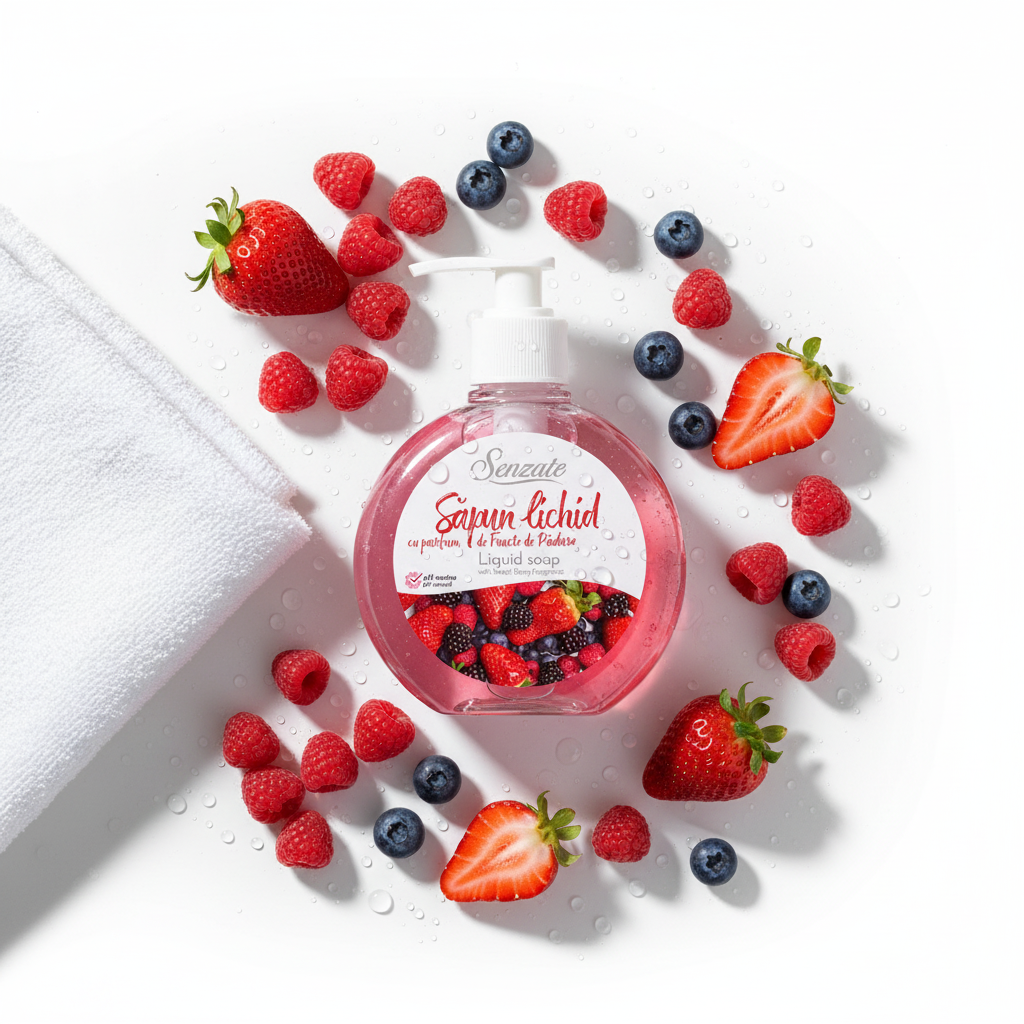 SENZATE šķidrās ziepes ar saldo ogu aromātu 500ml elegantā flat lay kompozīcijā ar ogām