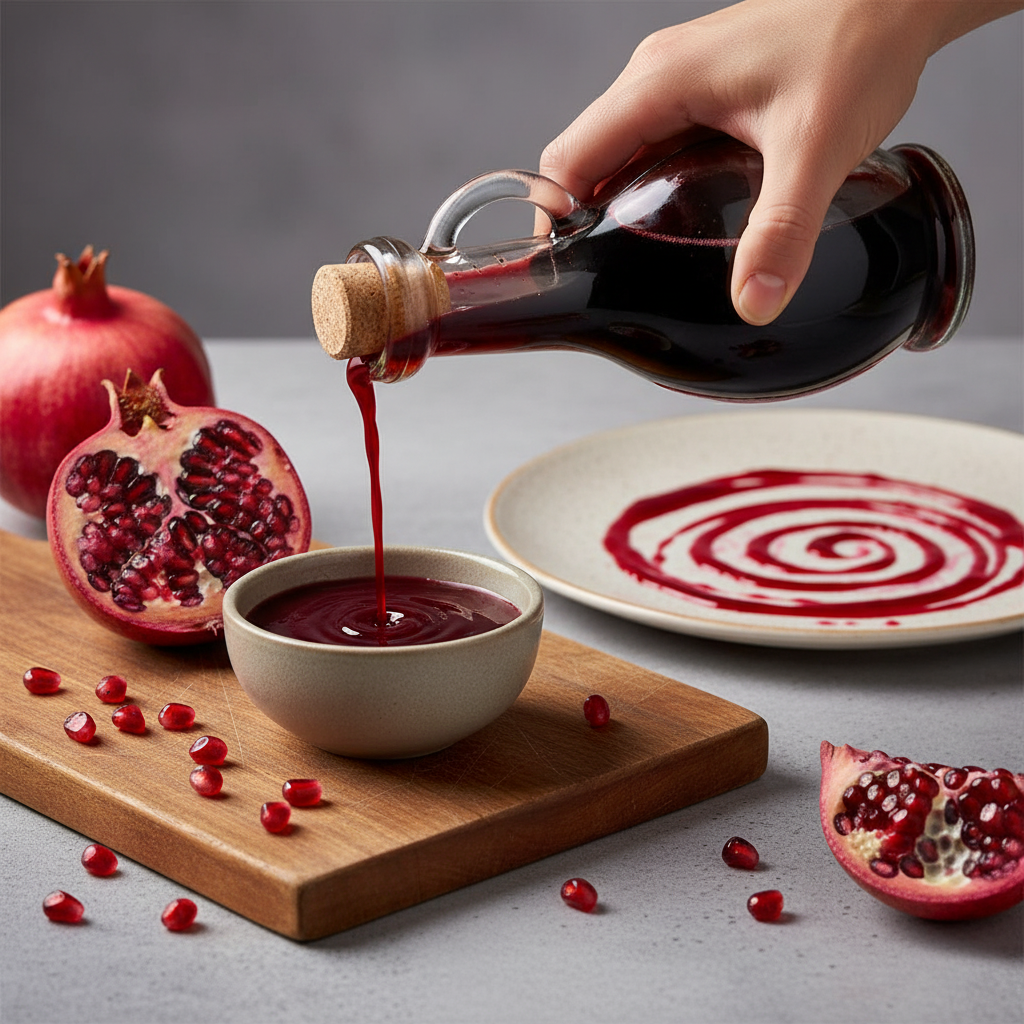 Gulcan granātābolu mērce tuvplāns ar svaigiem granātābolu sēklām, dziļi sarkana krāsa, luksusa prezentācija