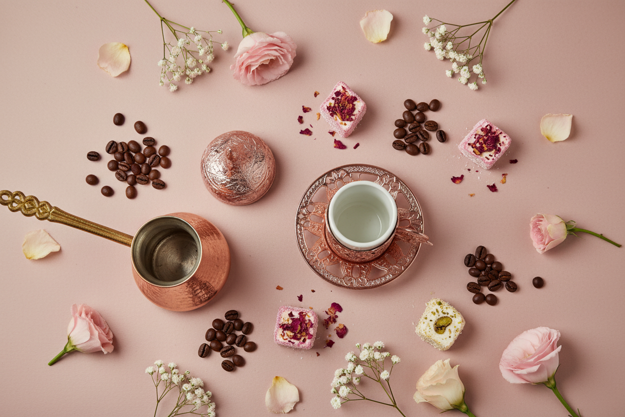 Turku kafijas krūze, rožu krāsā Turku kafijas krūze rožu krāsā premium kompozīcijā ar rožu ziedlapiņām un tradicionālajiem elementiem - romantiška turku kafijas kultūra