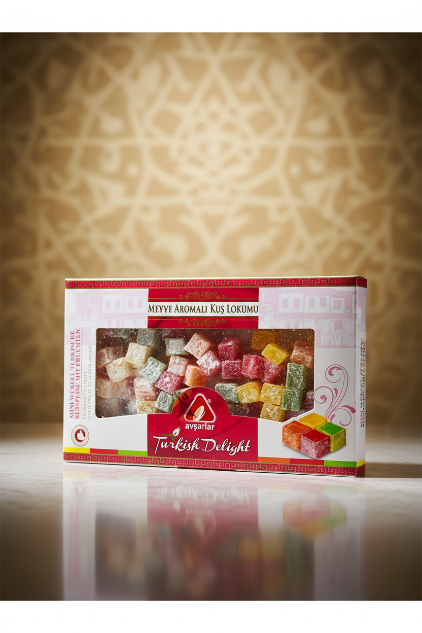 Avşarlar turku lukums ar augļu garšu profesionālā studijas apgaismojumā ar krāsainiem akcentiem, augļu aromātu saldumiņi