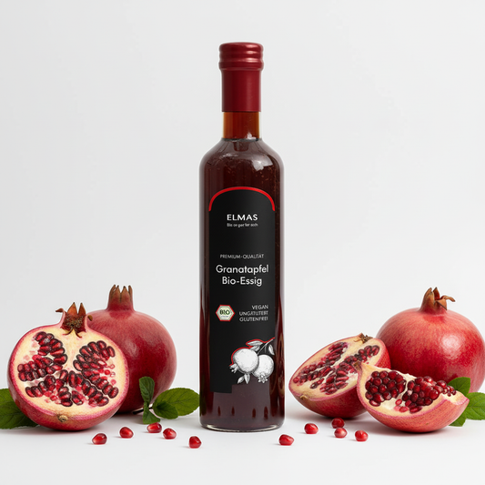 Elmas bioloģisks granātābolu etiķis 500ml vegāns nefiltrēts ar svaigiem granātāboliem
