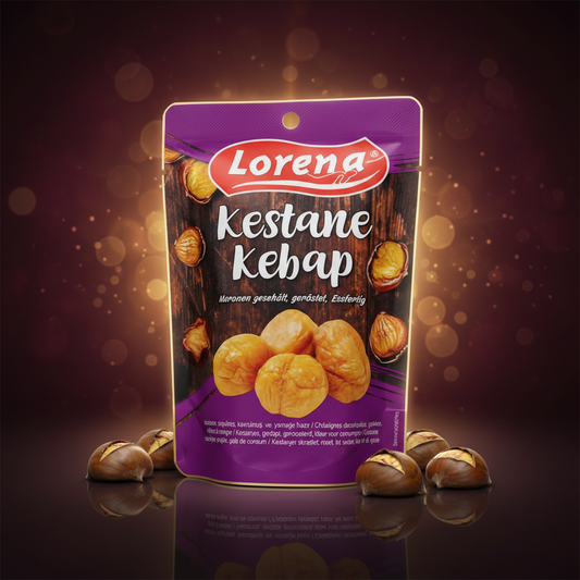Lorena kastaņi kebabs 125g luksusa studijas apgaismojumā ar zelta un burgundijas toņiem