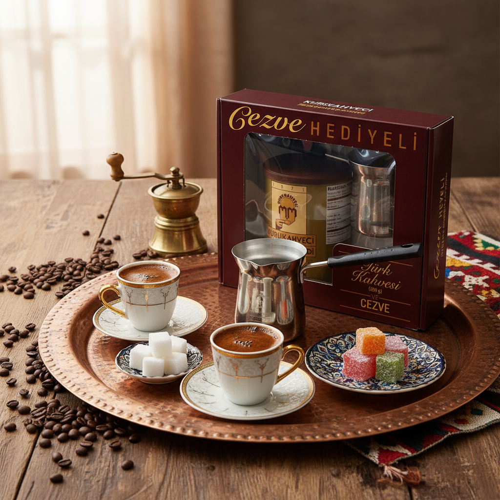 Mehmet Efendi turku kafijas komplekts tradicionālā vidē ar turku kafijas tasēm, lukumu un džezvi, 100% Arabica