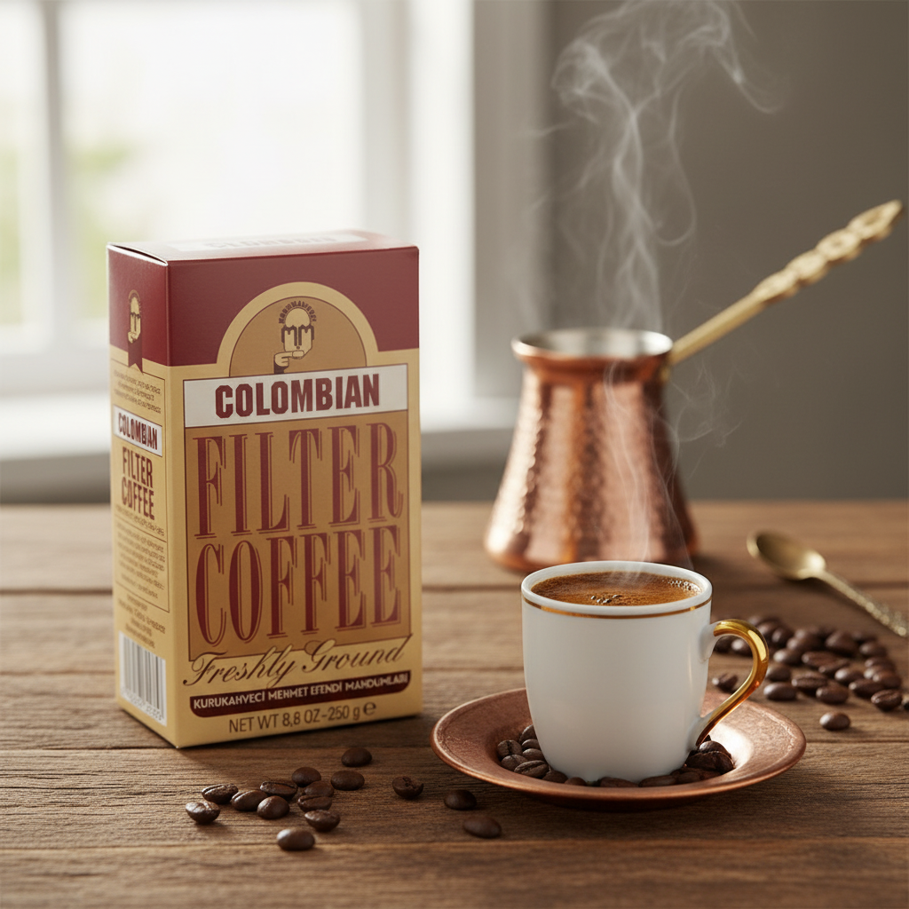 Maltā kafija, Kolumbijas, KURUKAHVECI MEHMET EFENDI, 250 g Turkish coffee lifestyle shot with traditional fincan and cezve on rustic wooden table