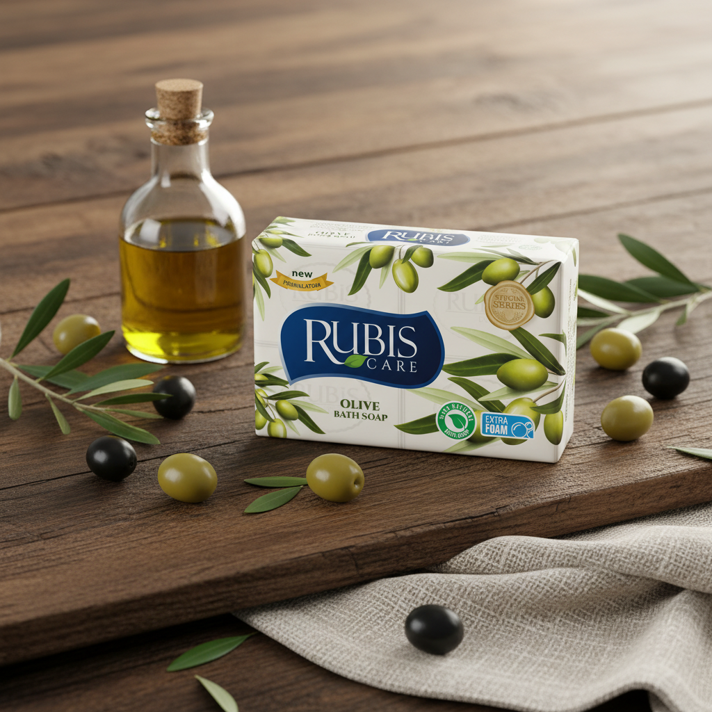 RUBIS olīvu ziepes uz koka fona ar olīveļļu un dabīgiem elementiem