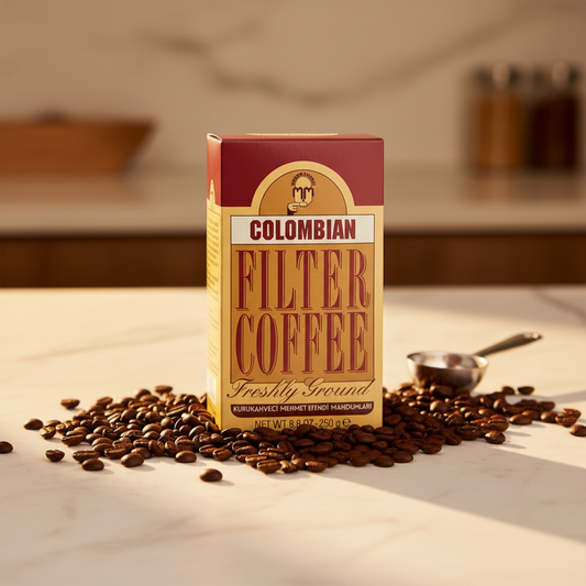 Premium studio shot of KURUKAHVECI MEHMET EFENDI Colombian ground coffee 250g with scattered coffee beans