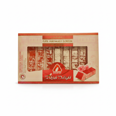 Avsarlar lukums ar rožu garšu 350g Avsarlar lukums ar rožu garšu 350g, rozā turku saldumiņš ar rožu aromātu, profesionāla produkta fotogrāfija baltā fonā