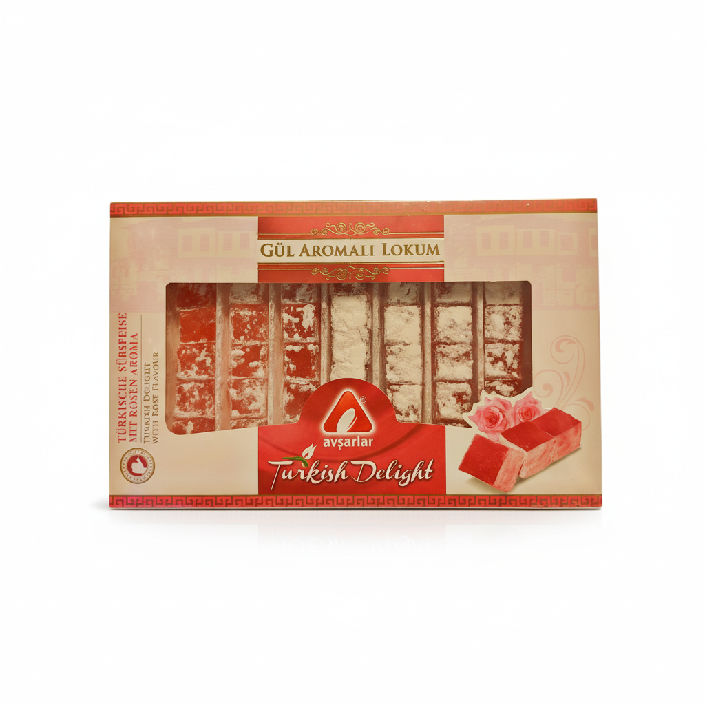 Avsarlar lukums ar rožu garšu 350g, rozā turku saldumiņš ar rožu aromātu, profesionāla produkta fotogrāfija baltā fonā