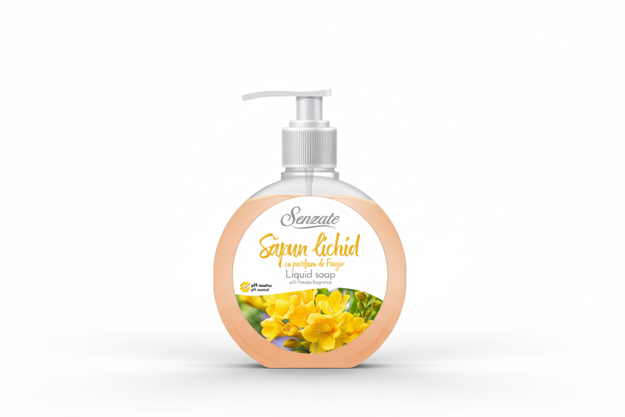 Šķidrās ziepes ar frēziju aromātu, SENZATE, 500ml Šķidrās ziepes ar frēziju aromātu SENZATE 500ml - minimāls produkta attēls uz baltā fona