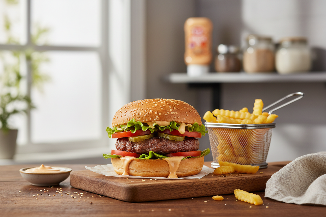 Tat, Burgeru mērce, 210g Tat burgeru mērce ar svaigu burgeri, gurķiem un dārzeņiem