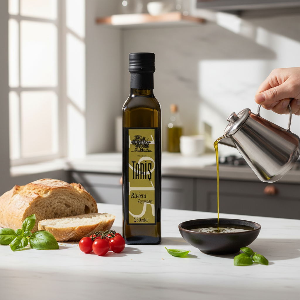 Taris Riviera olīveļļa, stikla 250ml Taris Riviera olīveļļa virtuvē ar svaigiem tomātiem, baziliku un maizi - kulinārijas izcilība