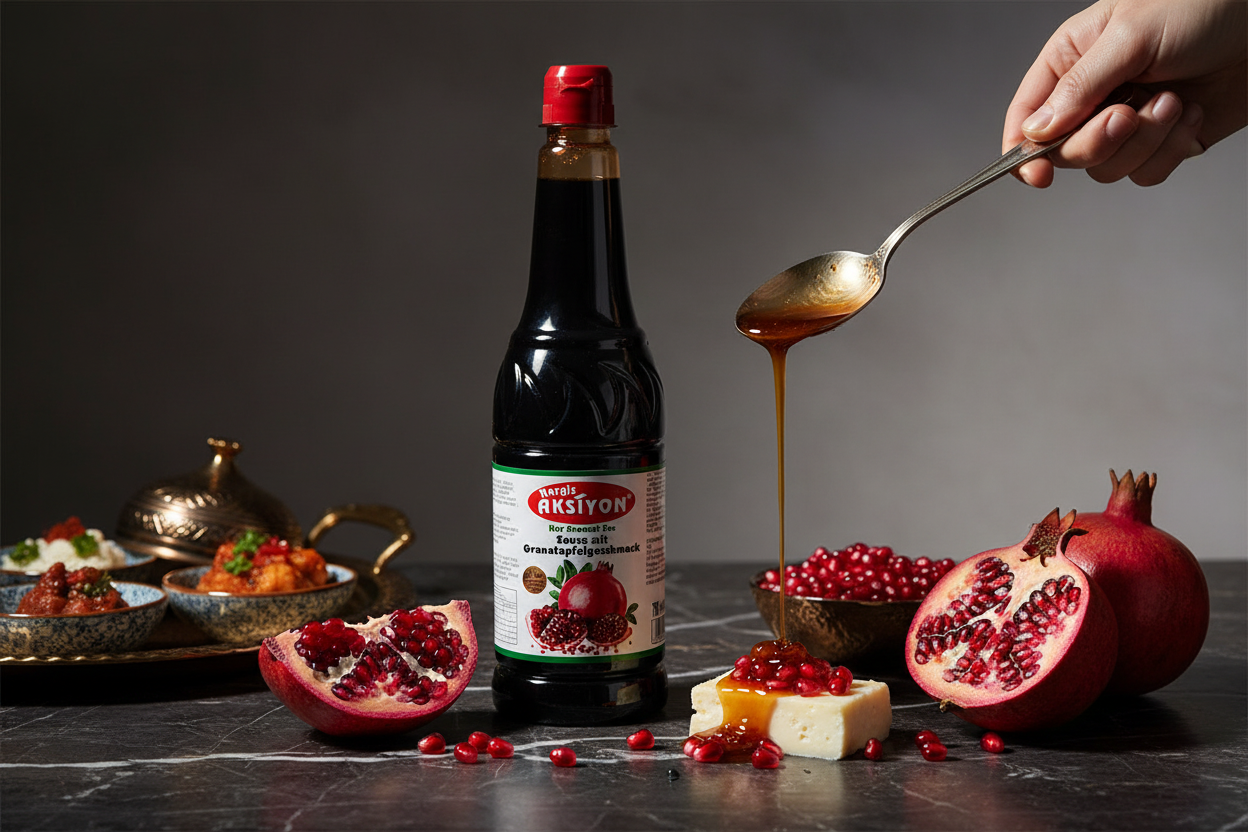 Aksiyon granātābolu mērce/sīrups 750ml Aksiyon granātābolu mērce ar svaigiem granātāboliem uz marmora virsmas luksusa dzīvesveida foto