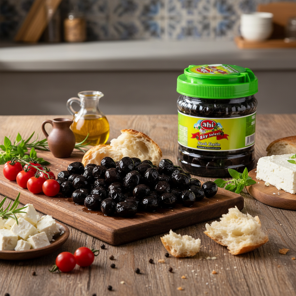 Ahi melnās olīvas sausās 700 g Ahi melnās olīvas sausās Vidusjūras vidē ar svaigu maizi, fetas sieru, olīveļļu un tomātiem, rustikāls galds