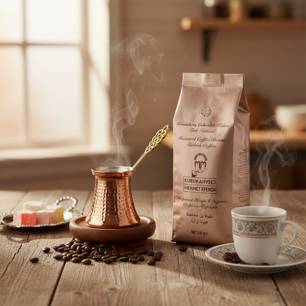 Kafijas pupiņas KURUKAHVECI MEHMET EFENDI, 500 g Turku kafijas pupiņas MEHMET EFENDI 500g ar tradicionālo cezve un kafijas krūzi, dzīvesveida fotogrāfija