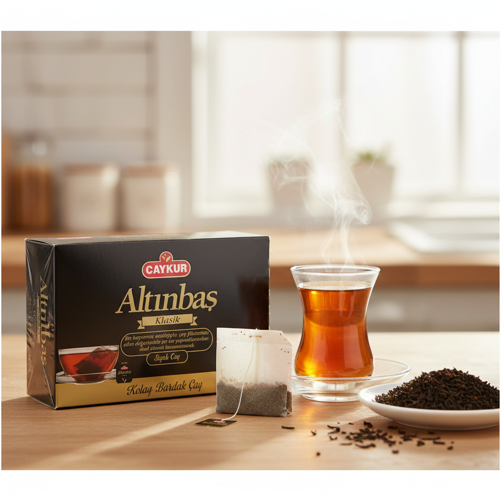Caykur altinbas melnā tēja, 20x2g Caykur Altinbas melnā tēja uzliešanas process, svaigi uzlieta tēja turku glāzē ar tvaikiem un tējas lapām