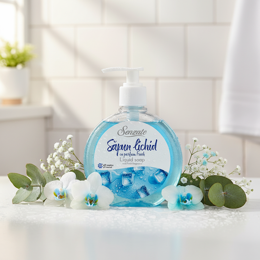 SENZATE šķidrās ziepes ar svaigu aromātu 500ml vannas istabā ar svaigiem ziediem