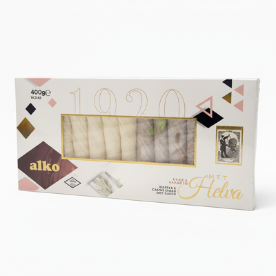 Sezama, pismaniye, cukurvates halva ar kakao un vaniļu, Alko, 400g Alko sezama halva ar kakao un vaniļu 400g, pismaniye cukurvates halva, profesionāla produkta fotogrāfija baltā fonā