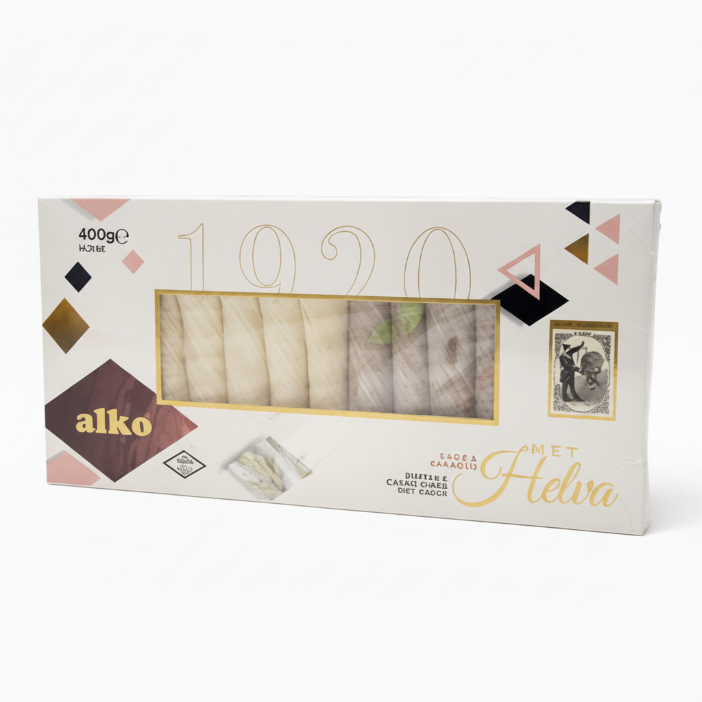 Alko sezama halva ar kakao un vaniļu 400g, pismaniye cukurvates halva, profesionāla produkta fotogrāfija baltā fonā