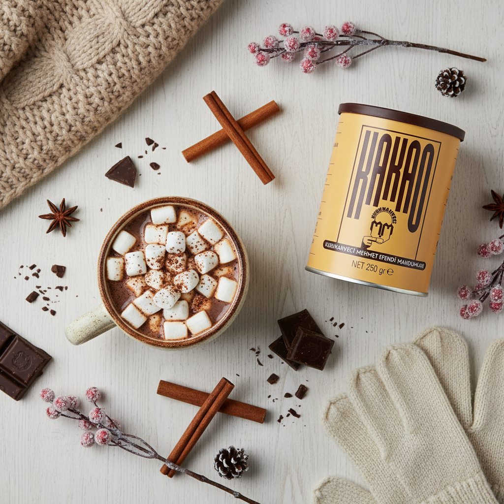 Mehmet Efendi sıcak çikolata, kakao 250g Mehmet Efendi 250g kakao üstten görünüm sıcak çikolata ve aksesuarlar ile