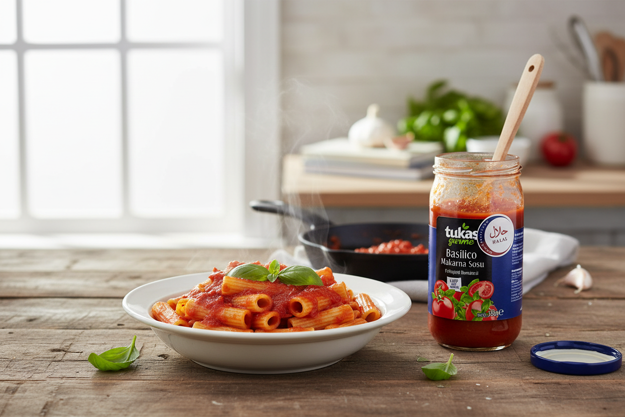 Tukas Basilico mērce ar svaigi pagatavotām makaronām un baziliku