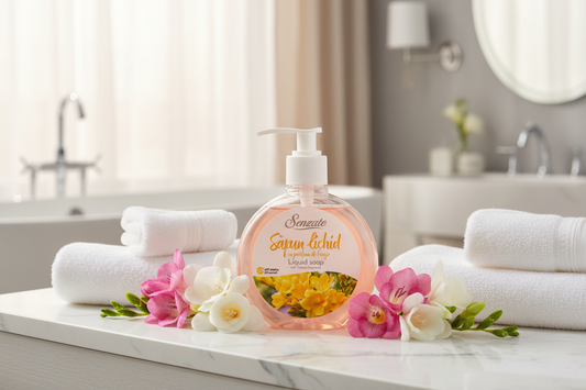 SENZATE šķidrās ziepes ar frēziju aromātu 500ml - luksusa vannas istabas ainava ar svaigām frēzijām