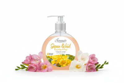 Šķidrās ziepes ar frēziju aromātu SENZATE 500ml - minimāls produkta attēls ar svaigām frēzijām